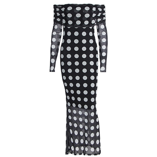 One shoulder long sleeved mesh slim fit polka dot long sleeved dress