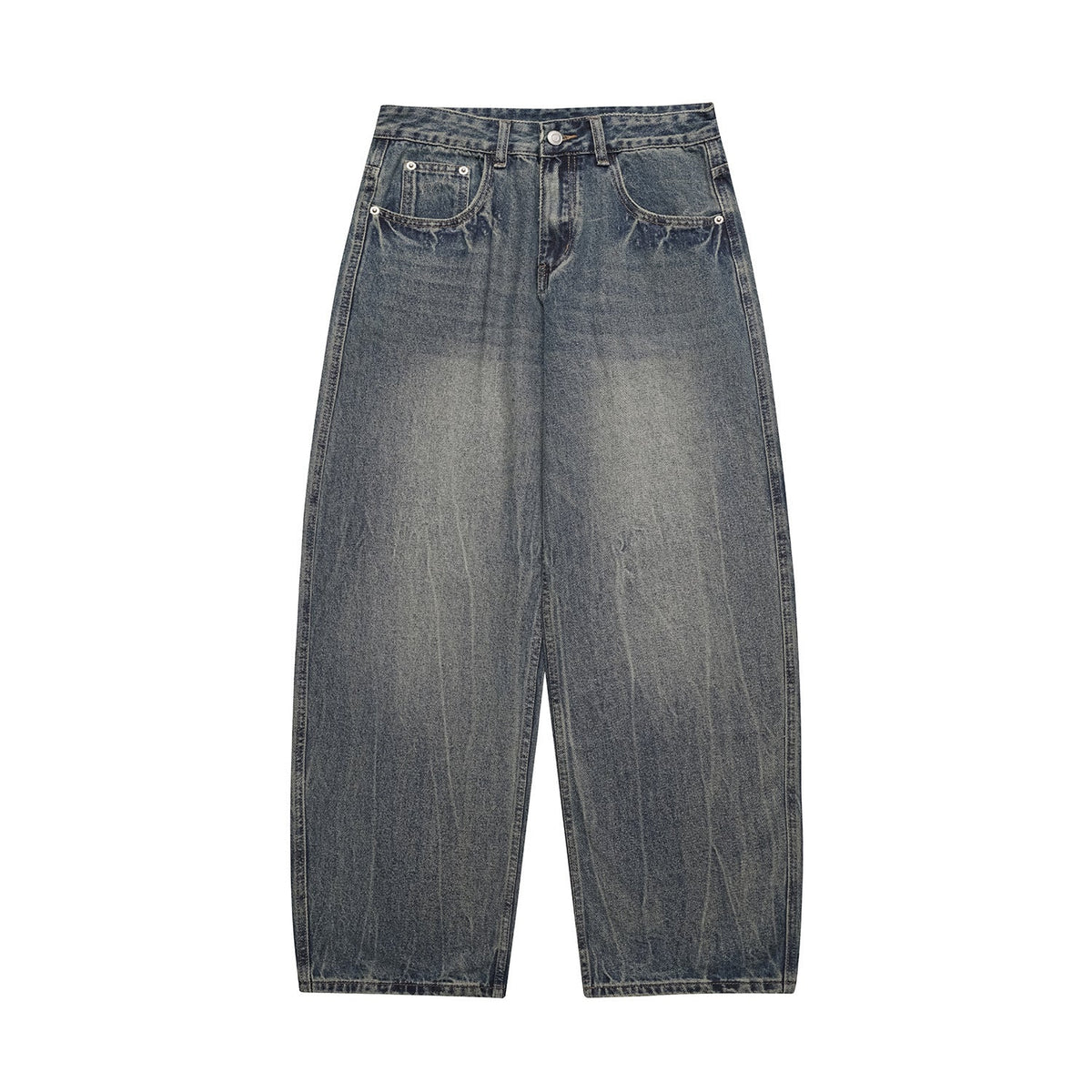 Washed Distressed Cat Whisker Pattern Loose Wide-Legged Knife-Edge Jeans