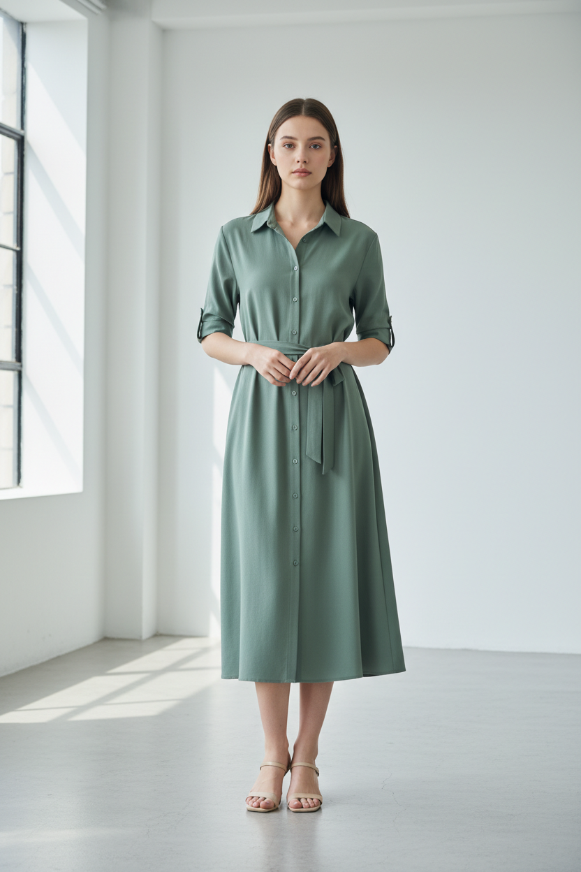 Sage green midi shirt dress - model front view