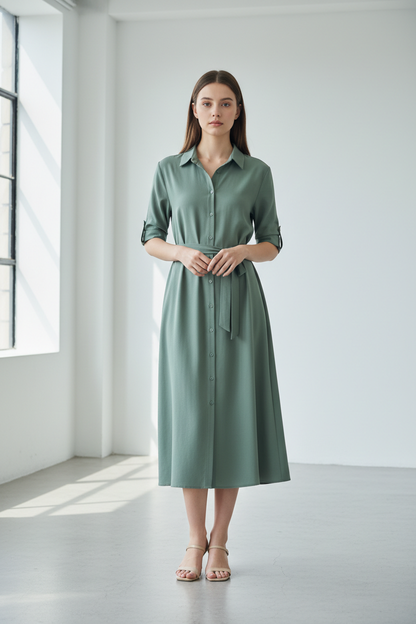 Sage green midi shirt dress - model front view