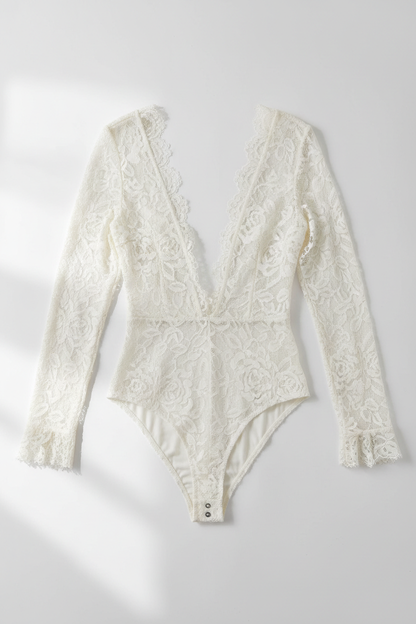 Ivory lace bodysuit - front view 1 flat lay