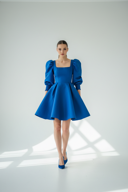 Cobalt blue puff sleeve mini dress - model front view