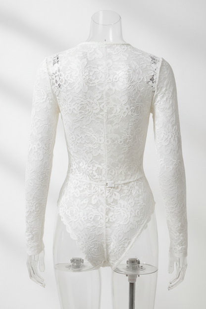 Ivory lace bodysuit - back view on mannequin showing snap closure