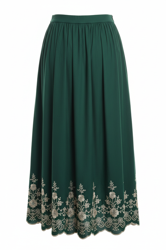 Forest green embroidered midi skirt - back view on mannequin