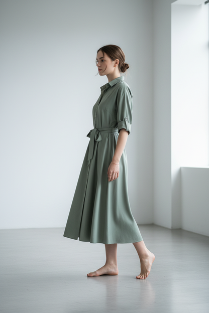 Sage green midi shirt dress - model side view