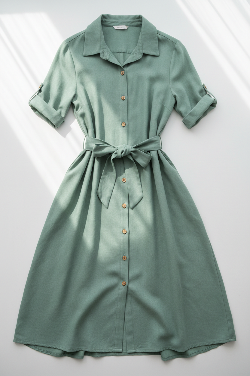 Sage green midi shirt dress - front view 1 flat lay