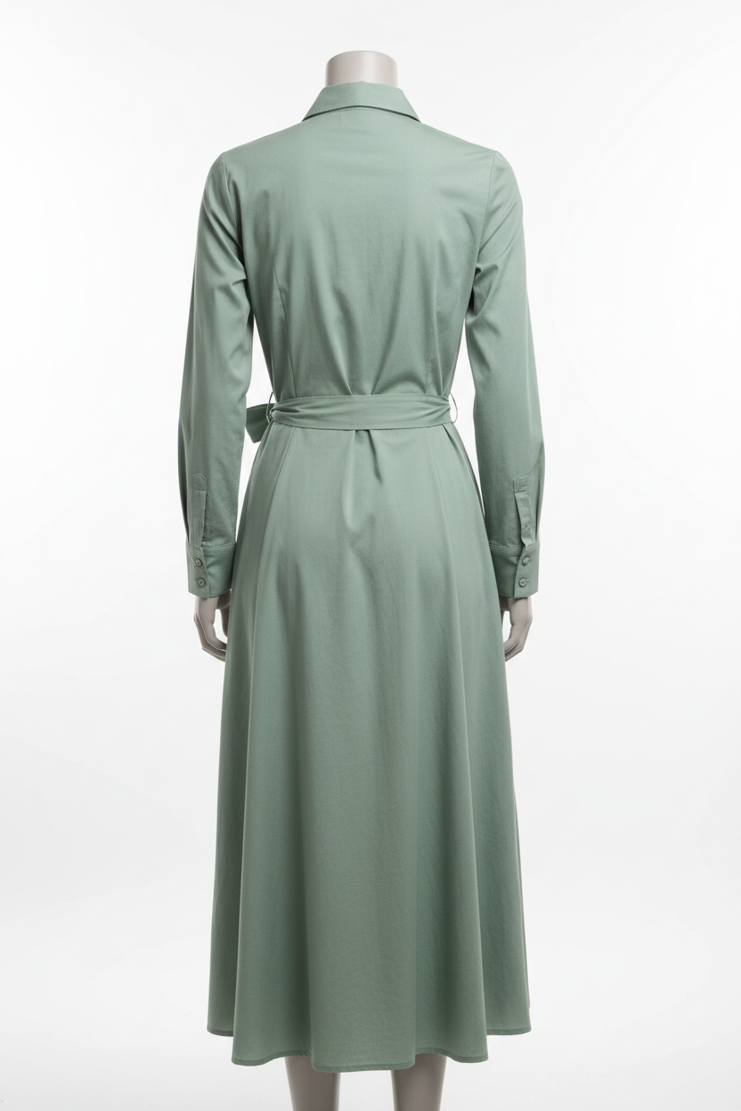 Sage green midi shirt dress - back view on mannequin