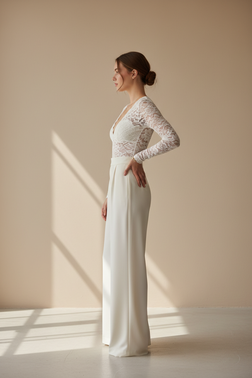 Ivory lace bodysuit - model side view