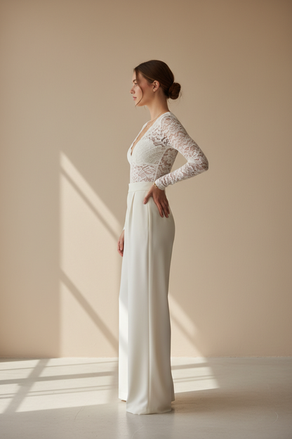 Ivory lace bodysuit - model side view