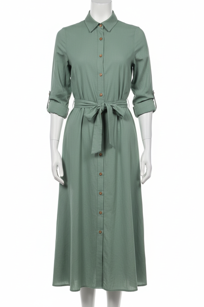 Sage green midi shirt dress - front view 2 on mannequin